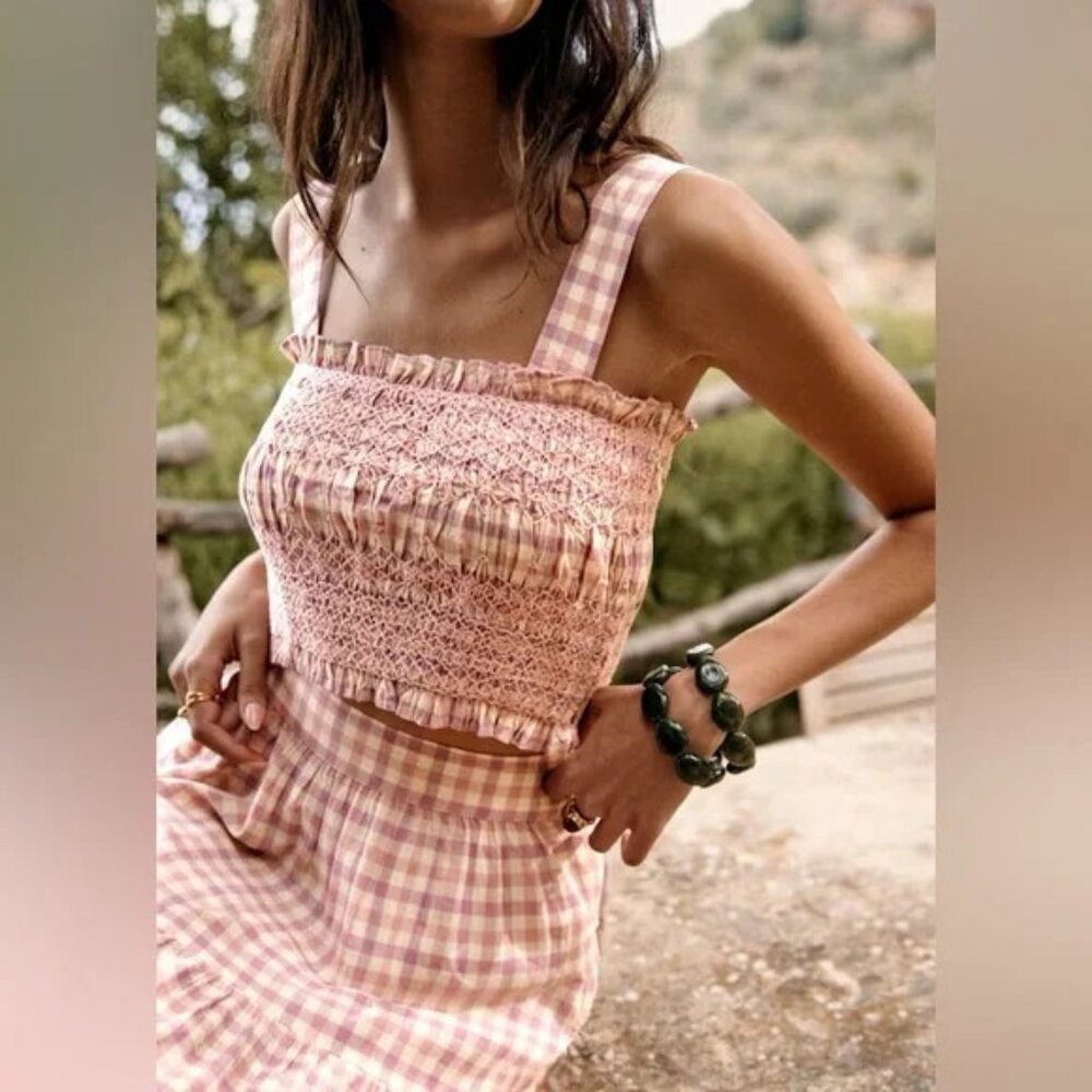 NWT Sezane Elota Pink Checkered Smocked Tank Top